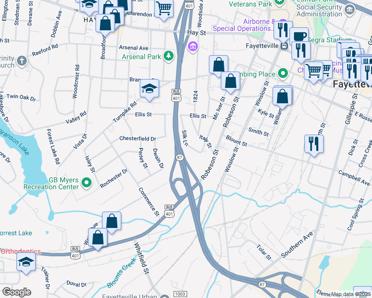 map of restaurants, bars, coffee shops, grocery stores, and more near 719 Silk Lane in Fayetteville