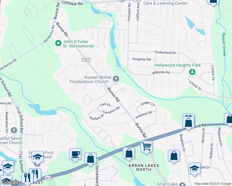 map of restaurants, bars, coffee shops, grocery stores, and more near 1249 Beebe Estate Circle in Fayetteville