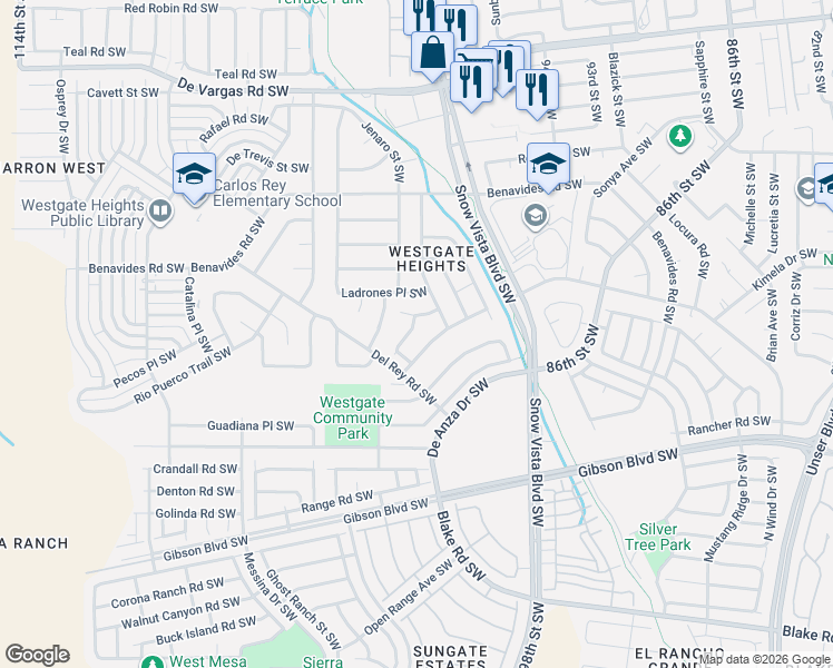 map of restaurants, bars, coffee shops, grocery stores, and more near 9859 Camino San Martin Southwest in Albuquerque
