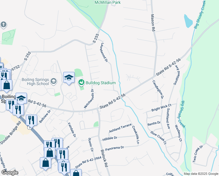 map of restaurants, bars, coffee shops, grocery stores, and more near 107 Colebrook Court in Boiling Springs
