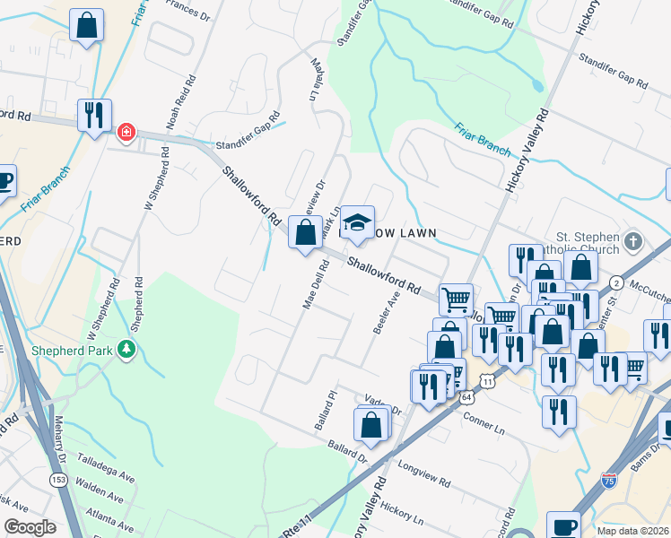 map of restaurants, bars, coffee shops, grocery stores, and more near 6614 Shallowford Road in Chattanooga