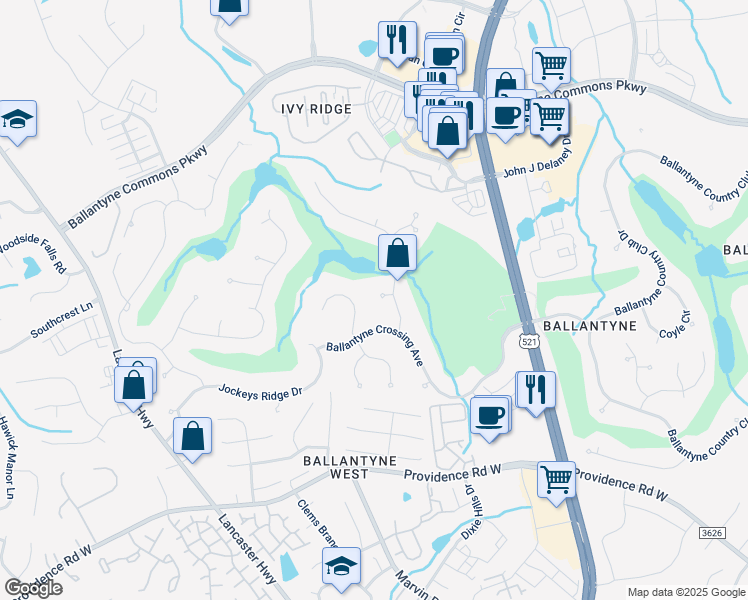 map of restaurants, bars, coffee shops, grocery stores, and more near 11459 Legette Court in Charlotte