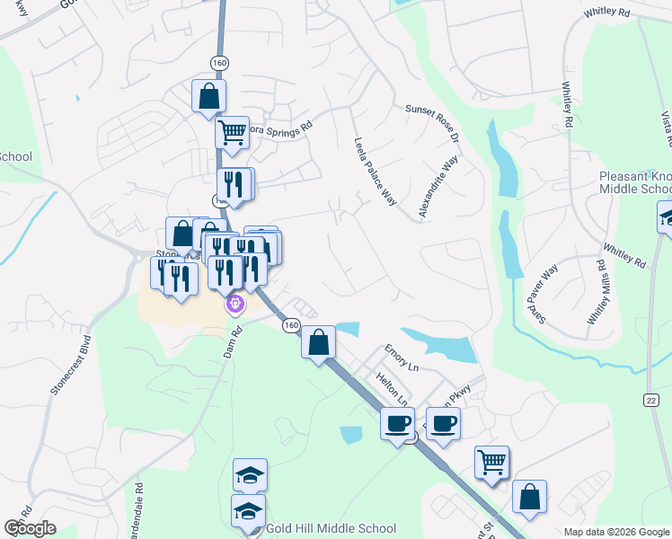 map of restaurants, bars, coffee shops, grocery stores, and more near 2435 Winding Trail Lane in Fort Mill