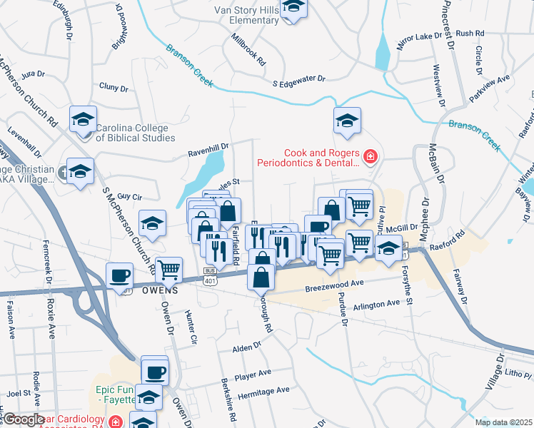 map of restaurants, bars, coffee shops, grocery stores, and more near 205 Star Hill Avenue in Fayetteville
