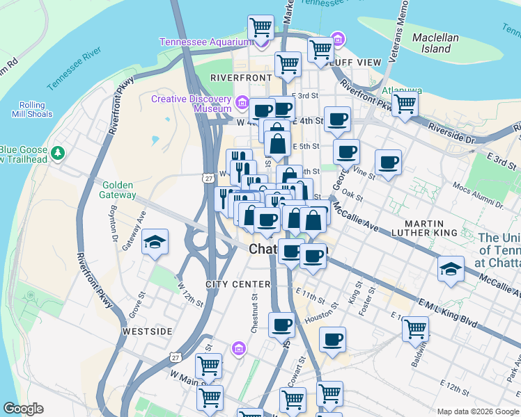 map of restaurants, bars, coffee shops, grocery stores, and more near 709 Broad Street in Chattanooga