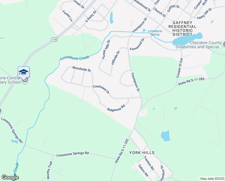 map of restaurants, bars, coffee shops, grocery stores, and more near 10 Crestview Drive in Gaffney