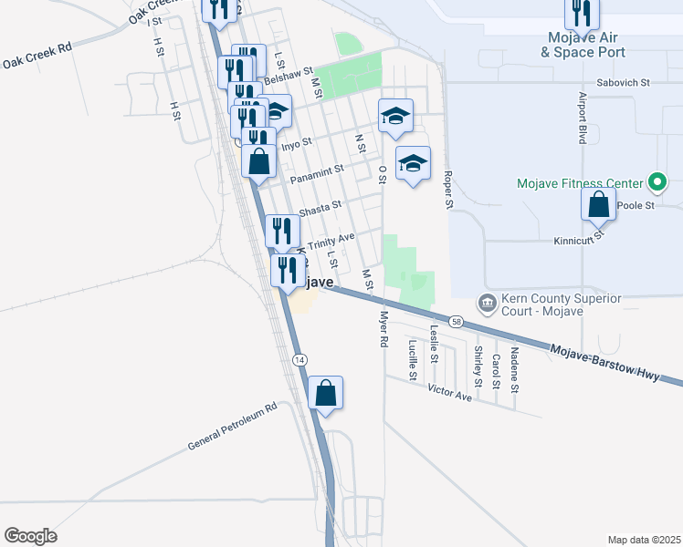 map of restaurants, bars, coffee shops, grocery stores, and more near 2145 California 58 in Mojave