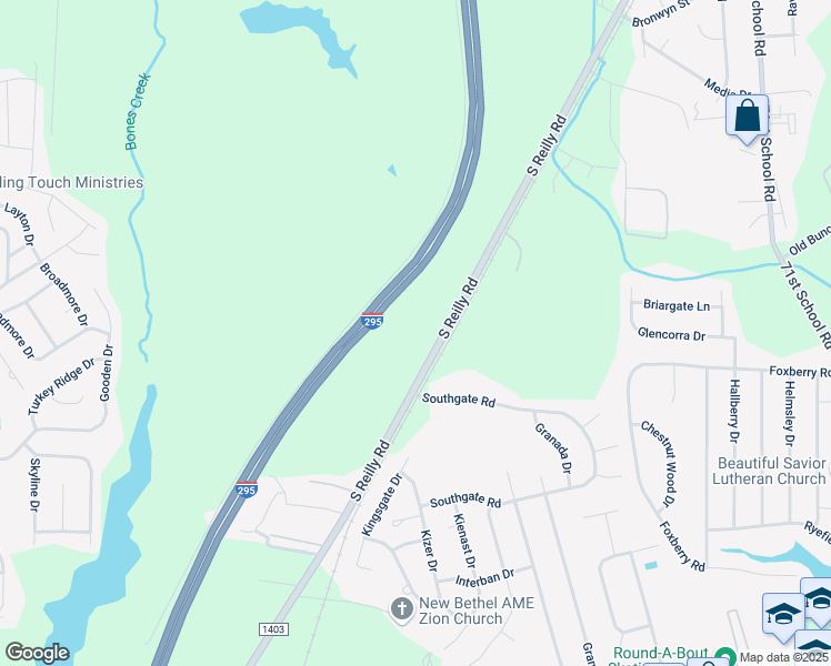 map of restaurants, bars, coffee shops, grocery stores, and more near 1336 South Reilly Road in Fayetteville