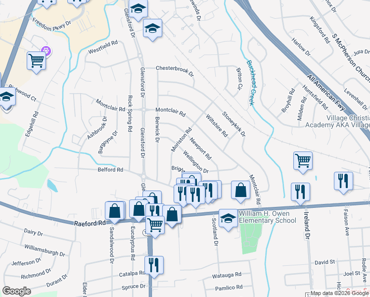 map of restaurants, bars, coffee shops, grocery stores, and more near 4455 Wellington Drive in Fayetteville