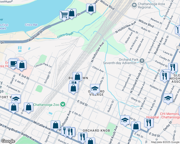 map of restaurants, bars, coffee shops, grocery stores, and more near 713 North Greenwood Avenue in Chattanooga