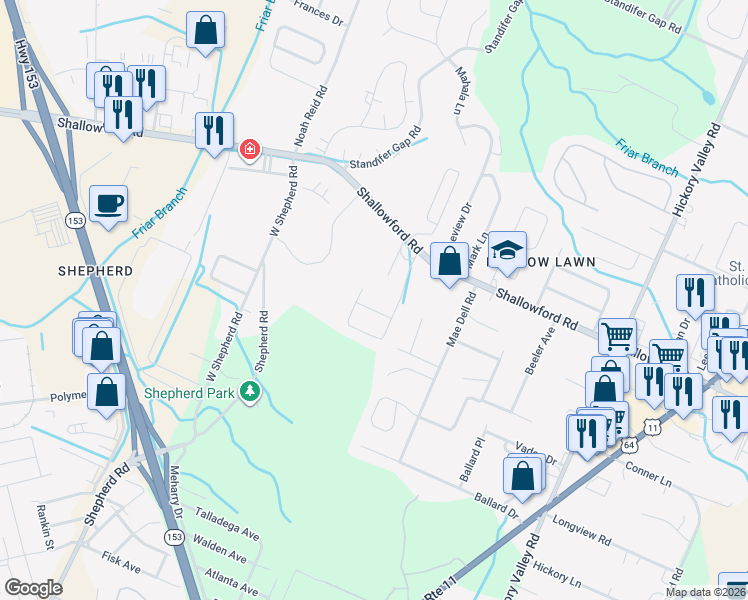 map of restaurants, bars, coffee shops, grocery stores, and more near 2251 Edgmon Forest Lane in Chattanooga