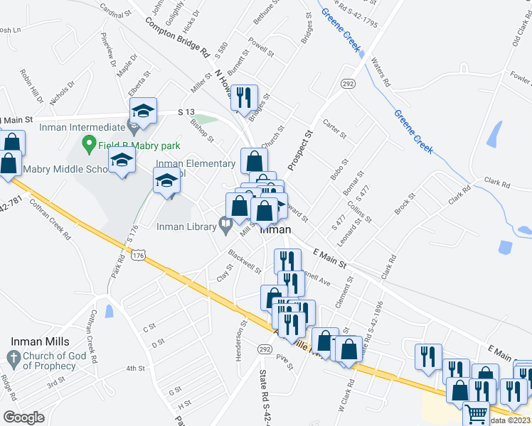 map of restaurants, bars, coffee shops, grocery stores, and more near 1 North Main Street in Inman