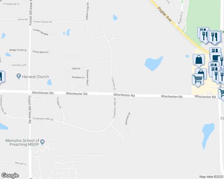 map of restaurants, bars, coffee shops, grocery stores, and more near 9439 Crestwyn Cove in Germantown