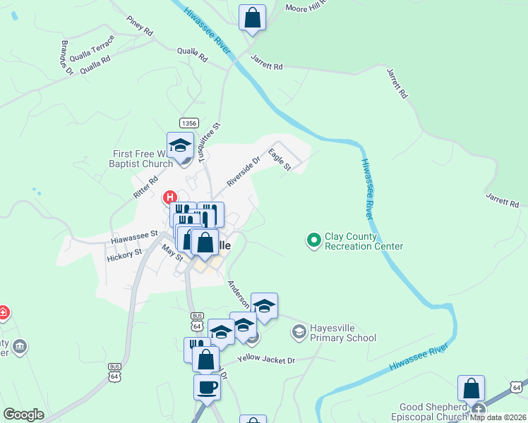 map of restaurants, bars, coffee shops, grocery stores, and more near 8 Riverwalk Circle in Hayesville