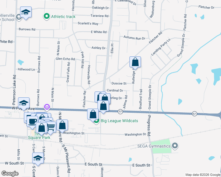 map of restaurants, bars, coffee shops, grocery stores, and more near 415 Cardinal Drive in Collierville