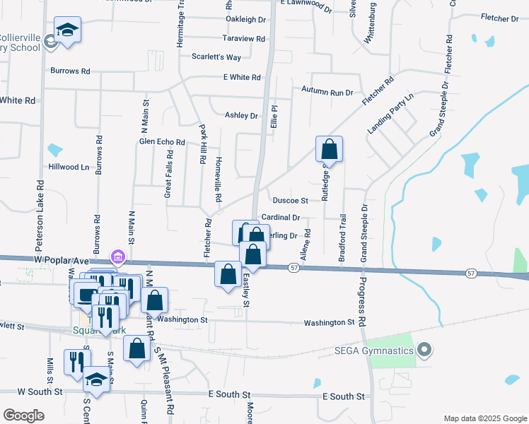 map of restaurants, bars, coffee shops, grocery stores, and more near 416 Cardinal Drive in Collierville