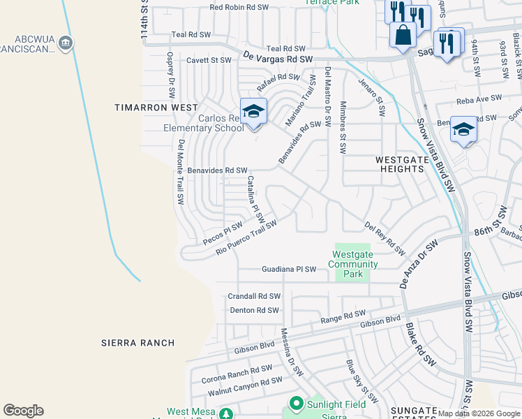map of restaurants, bars, coffee shops, grocery stores, and more near 10707 Pecos Place Southwest in Albuquerque