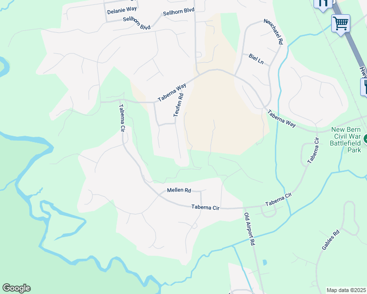 map of restaurants, bars, coffee shops, grocery stores, and more near 129 Teufen Road in New Bern