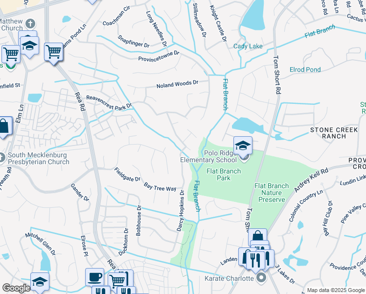 map of restaurants, bars, coffee shops, grocery stores, and more near 9025 Darcy Hopkins Drive in Charlotte