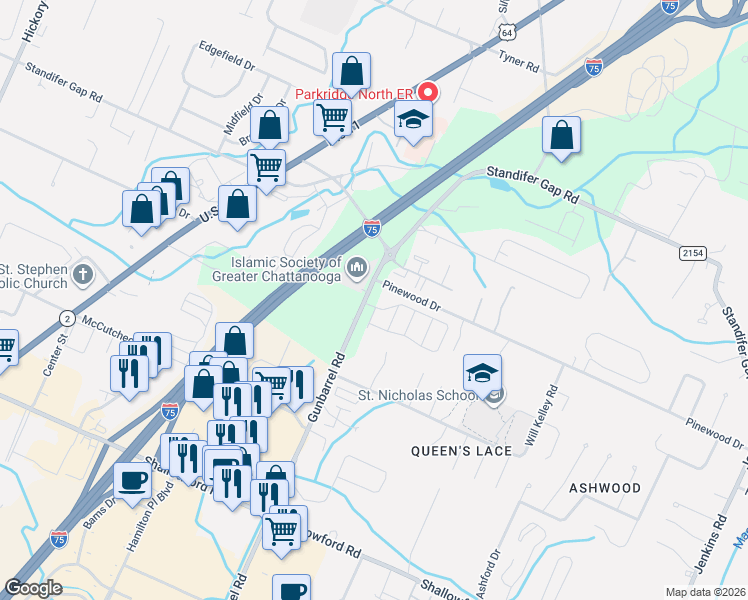 map of restaurants, bars, coffee shops, grocery stores, and more near 2526 Gunbarrel Road in Chattanooga