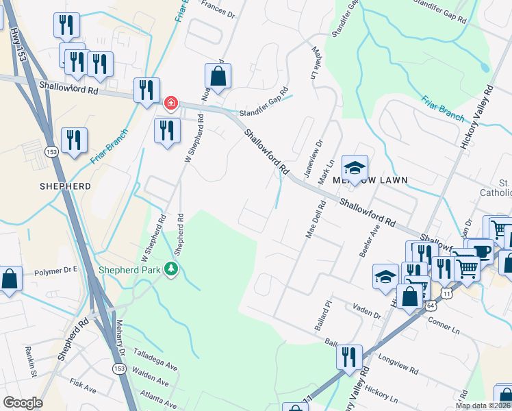 map of restaurants, bars, coffee shops, grocery stores, and more near 2251 Edgmon Forest Lane in Chattanooga