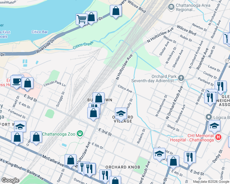 map of restaurants, bars, coffee shops, grocery stores, and more near 713 North Greenwood Avenue in Chattanooga