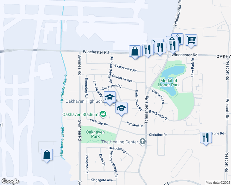 map of restaurants, bars, coffee shops, grocery stores, and more near 3700 Bedford Lane in Memphis