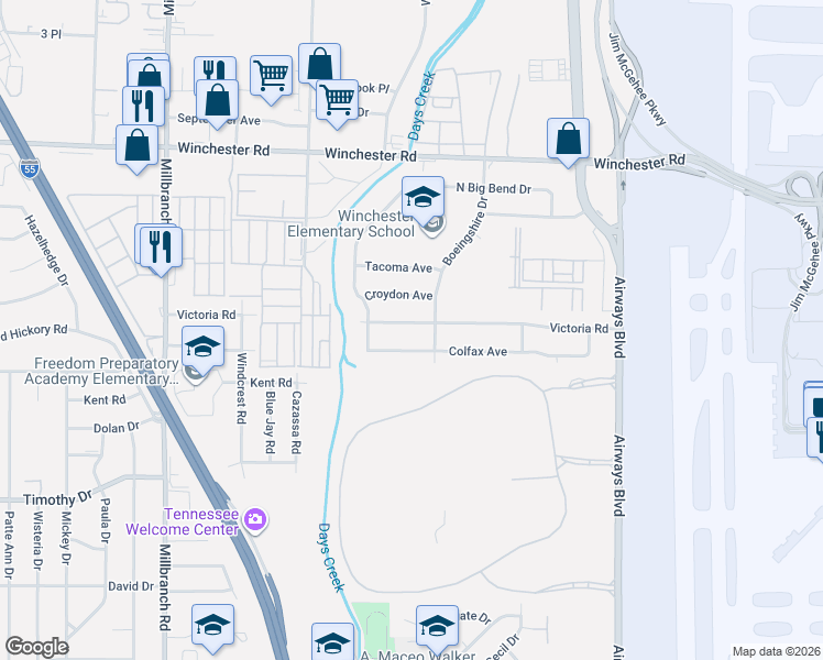 map of restaurants, bars, coffee shops, grocery stores, and more near 1958 Colfax Avenue in Memphis