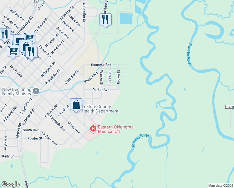 map of restaurants, bars, coffee shops, grocery stores, and more near 401 Brown Street in Poteau