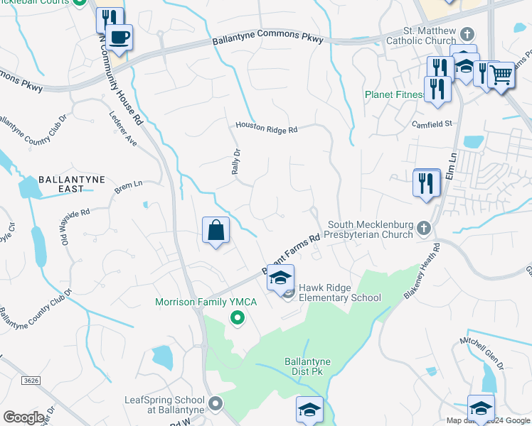map of restaurants, bars, coffee shops, grocery stores, and more near 8016 Lansford Road in Charlotte