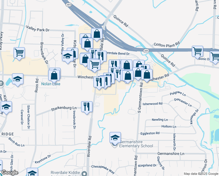 map of restaurants, bars, coffee shops, grocery stores, and more near 3705 Malco Way in Memphis