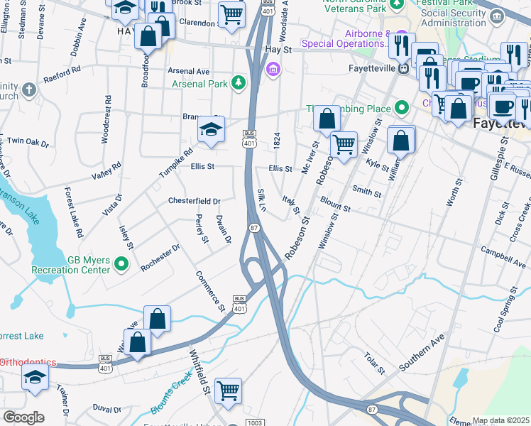 map of restaurants, bars, coffee shops, grocery stores, and more near 719 Silk Lane in Fayetteville