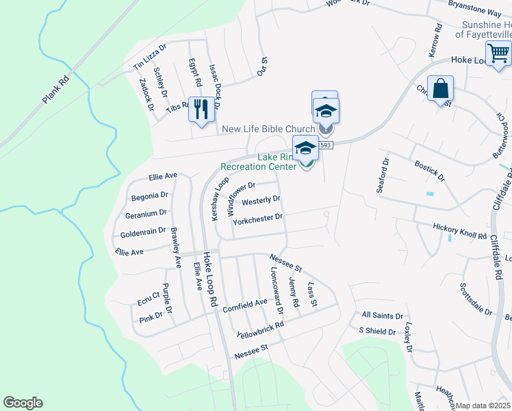 map of restaurants, bars, coffee shops, grocery stores, and more near 5023 Westerly Drive in Fayetteville