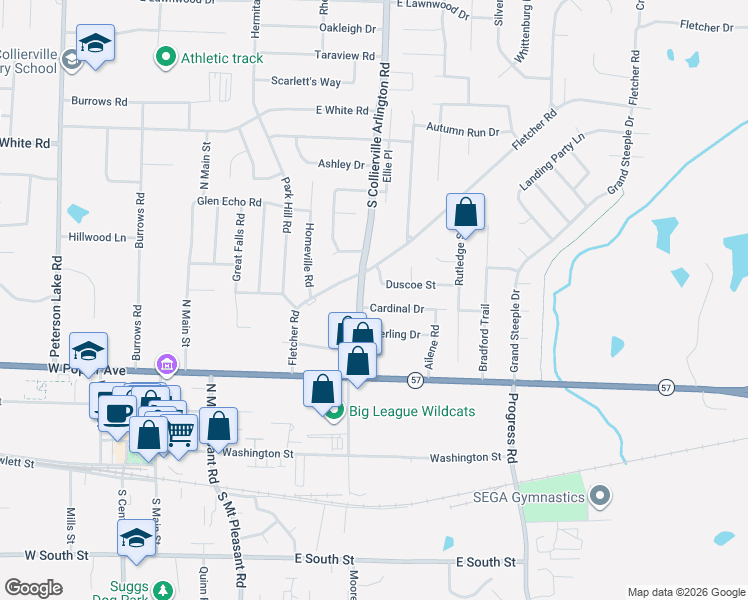 map of restaurants, bars, coffee shops, grocery stores, and more near 415 Cardinal Drive in Collierville