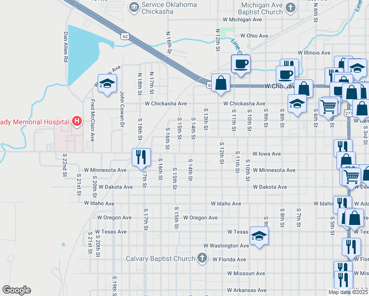 map of restaurants, bars, coffee shops, grocery stores, and more near 1417 West Iowa Avenue in Chickasha