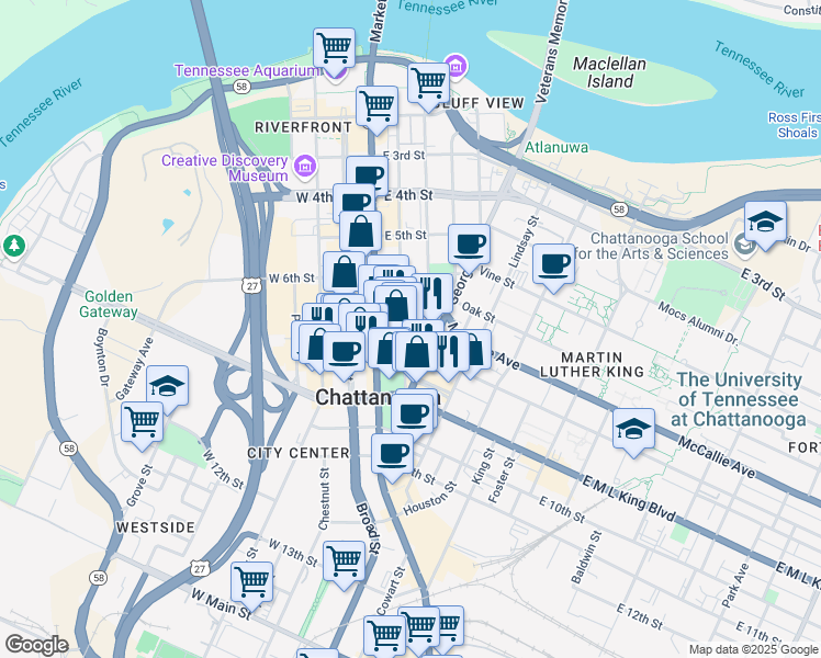 map of restaurants, bars, coffee shops, grocery stores, and more near 714 Cherry Street in Chattanooga