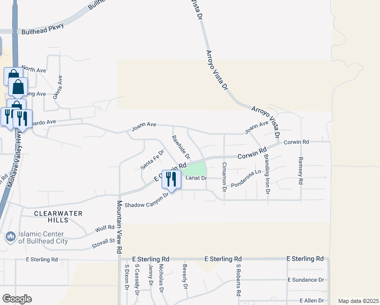 map of restaurants, bars, coffee shops, grocery stores, and more near 3770-3780 Rawhide Drive in Bullhead City