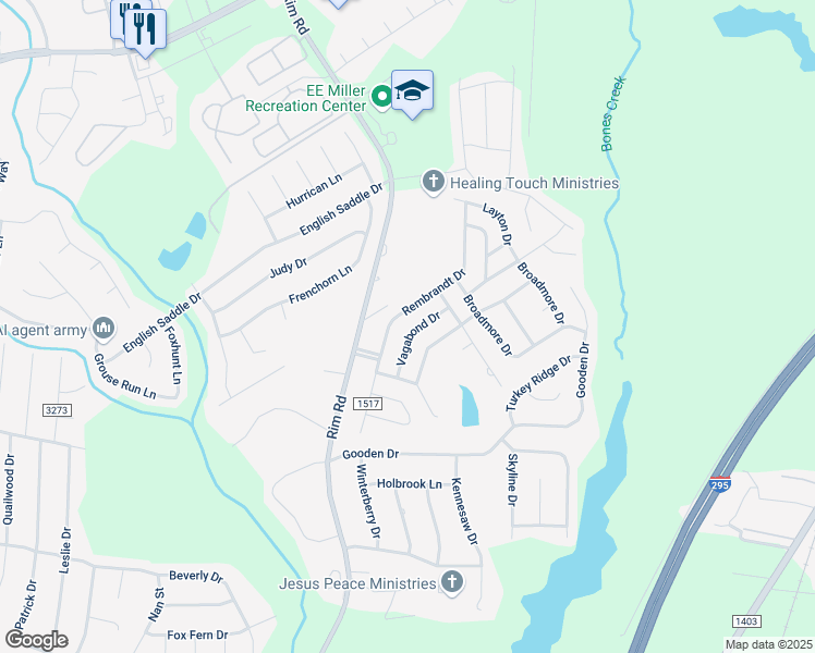map of restaurants, bars, coffee shops, grocery stores, and more near 800 Vagabond Drive in Fayetteville