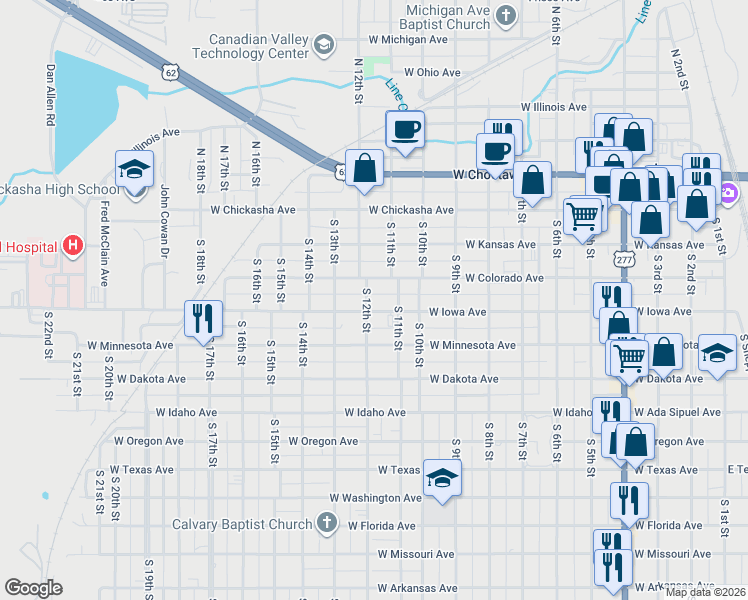 map of restaurants, bars, coffee shops, grocery stores, and more near 1107 West Iowa Avenue in Chickasha