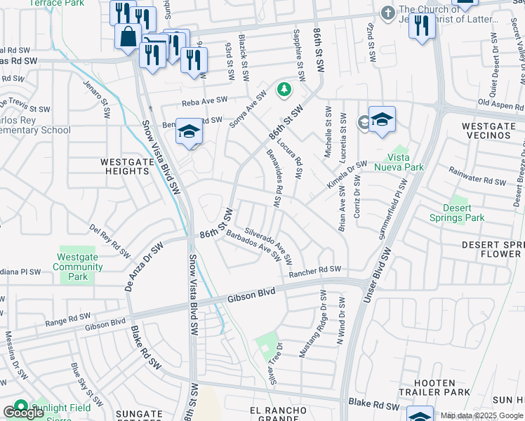 map of restaurants, bars, coffee shops, grocery stores, and more near 1605 Waters Drive Southwest in Albuquerque