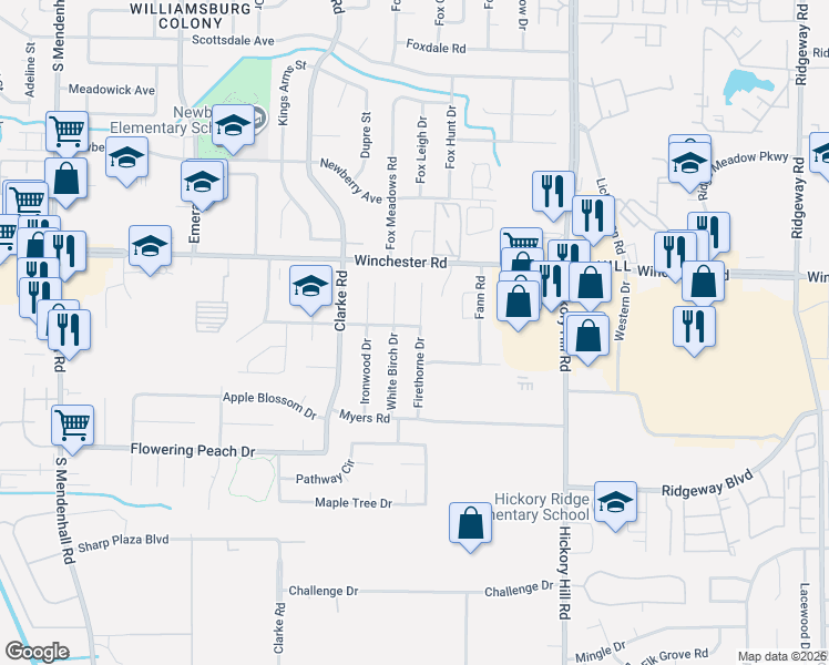 map of restaurants, bars, coffee shops, grocery stores, and more near 3703 Firethorne Drive in Memphis