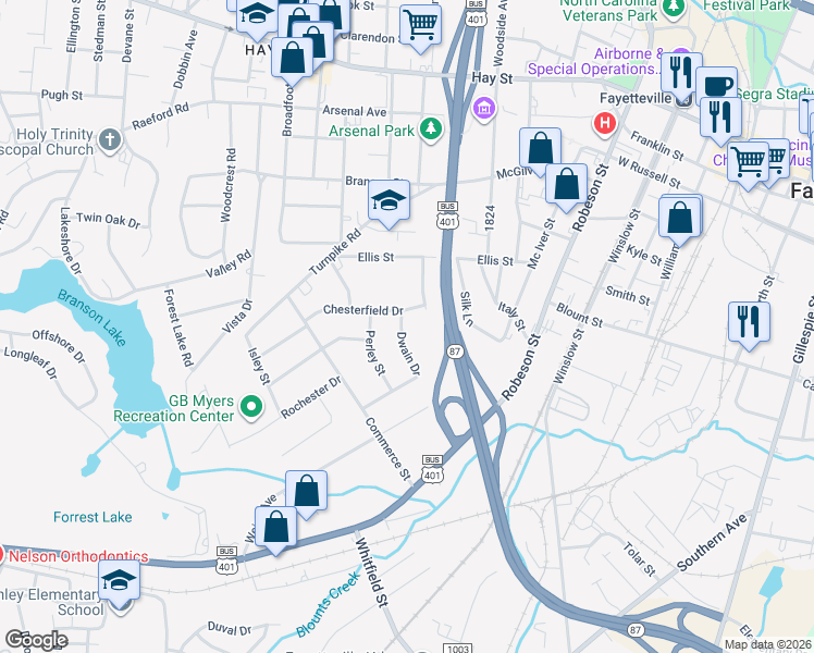 map of restaurants, bars, coffee shops, grocery stores, and more near 713 Dwain Drive in Fayetteville