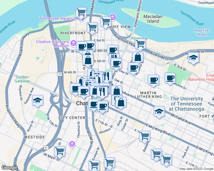 map of restaurants, bars, coffee shops, grocery stores, and more near 320 McCallie Avenue in Chattanooga