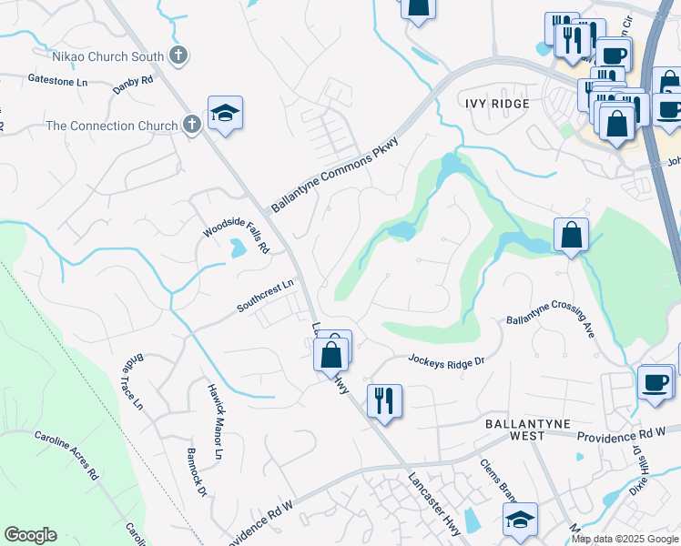 map of restaurants, bars, coffee shops, grocery stores, and more near 11528 James Jack Lane in Charlotte