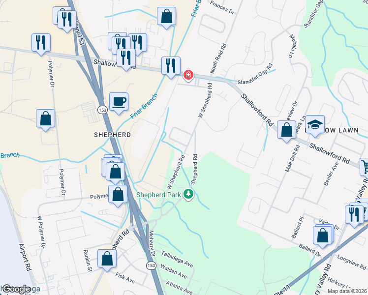 map of restaurants, bars, coffee shops, grocery stores, and more near 2174 West Shepherd Road in Chattanooga