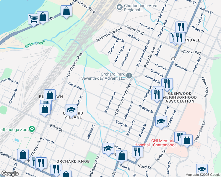 map of restaurants, bars, coffee shops, grocery stores, and more near 1718 Carson Avenue in Chattanooga