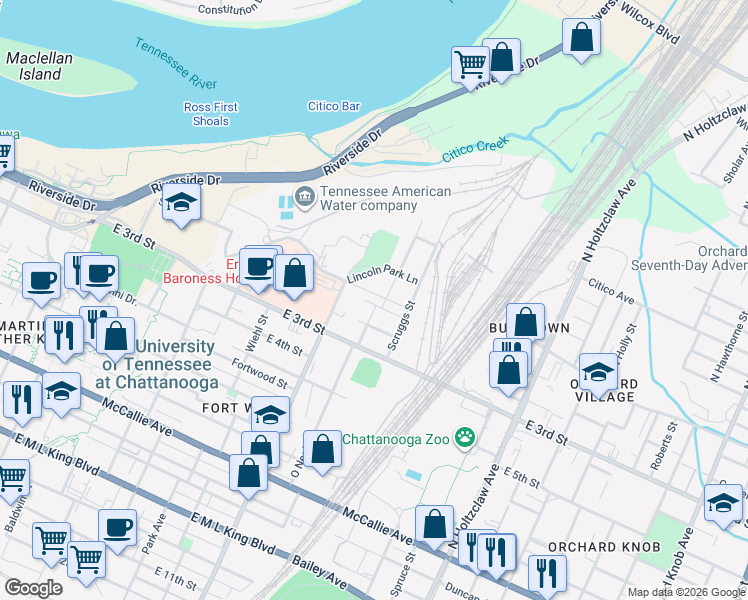 map of restaurants, bars, coffee shops, grocery stores, and more near 1138 Pierce Street in Chattanooga