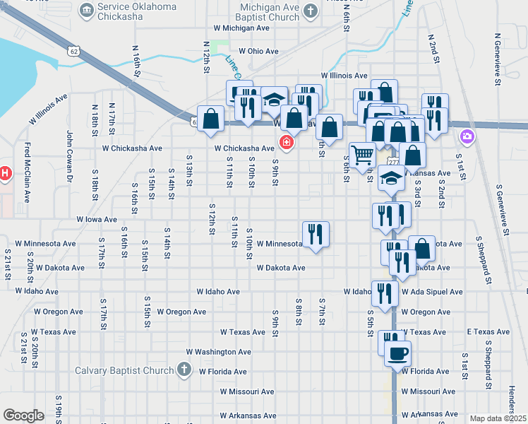 map of restaurants, bars, coffee shops, grocery stores, and more near 923 West Iowa Avenue in Chickasha