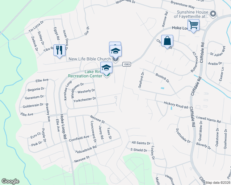 map of restaurants, bars, coffee shops, grocery stores, and more near 4921 Yorkchester Drive in Fayetteville