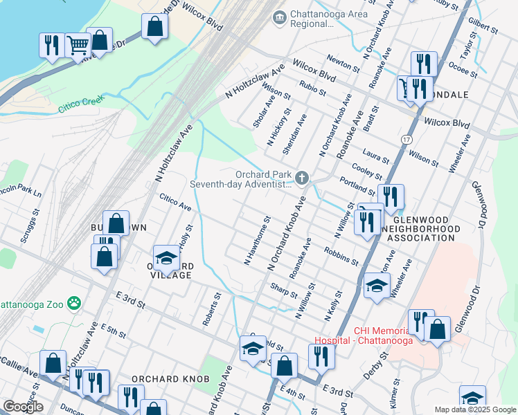 map of restaurants, bars, coffee shops, grocery stores, and more near 1718 Carson Avenue in Chattanooga
